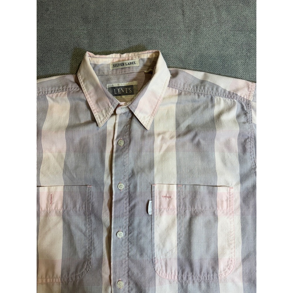 Levis Silver Label Vintage 90s Striped Short Sleeve Shirt Pink Grey L - Picture 10 of 10